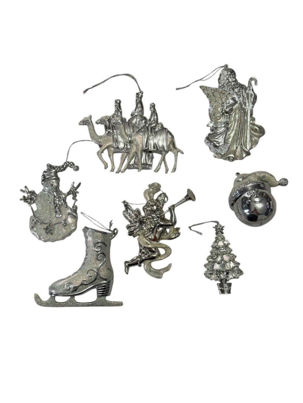 Retired Roman Silver Glitter Christmas Ornaments Lot of 7 Large 4-6 Inch